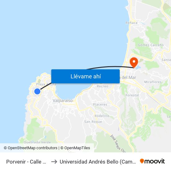 Porvenir - Calle Veinticinco to Universidad Andrés Bello (Campus Viña Del Mar) map