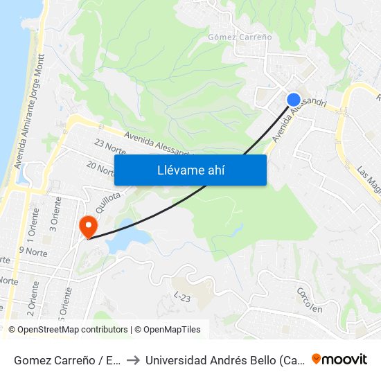 Gomez Carreño / Esval Poniente to Universidad Andrés Bello (Campus Viña Del Mar) map