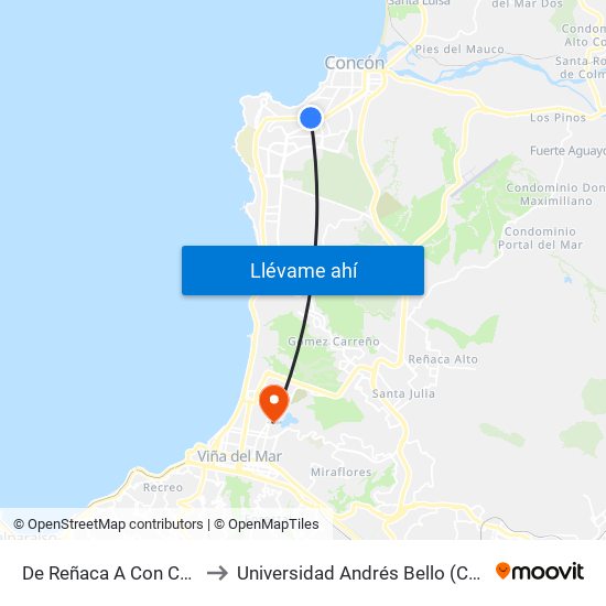De Reñaca A Con Con - Los Cisnes to Universidad Andrés Bello (Campus Viña Del Mar) map
