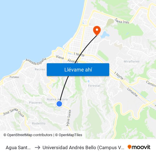 Agua Santa 560 to Universidad Andrés Bello (Campus Viña Del Mar) map