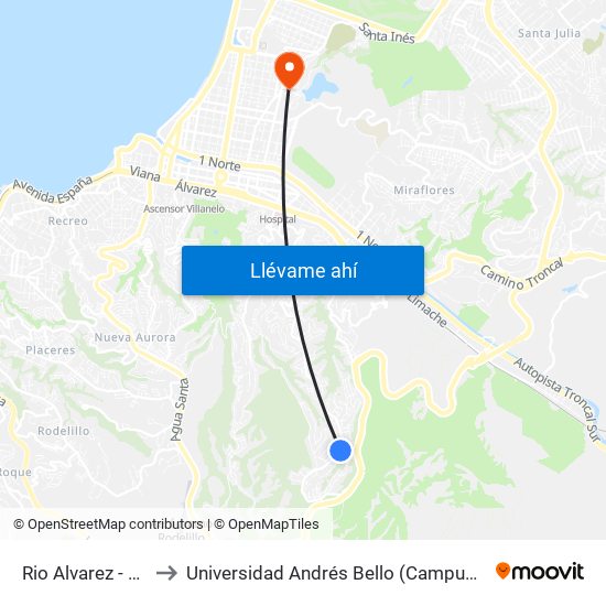 Rio Alvarez - Pje Uno to Universidad Andrés Bello (Campus Viña Del Mar) map