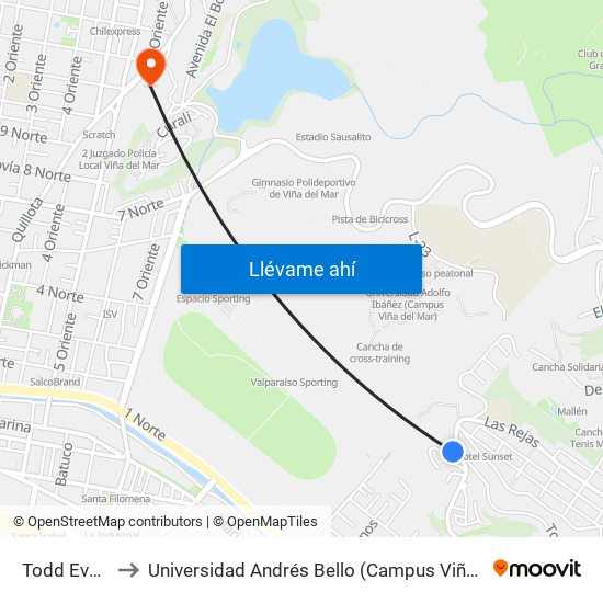 Todd Evered to Universidad Andrés Bello (Campus Viña Del Mar) map