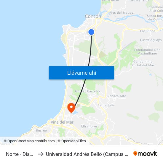 Norte - Diamante to Universidad Andrés Bello (Campus Viña Del Mar) map