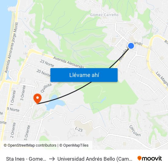 Sta Ines - Gomez Carreño to Universidad Andrés Bello (Campus Viña Del Mar) map