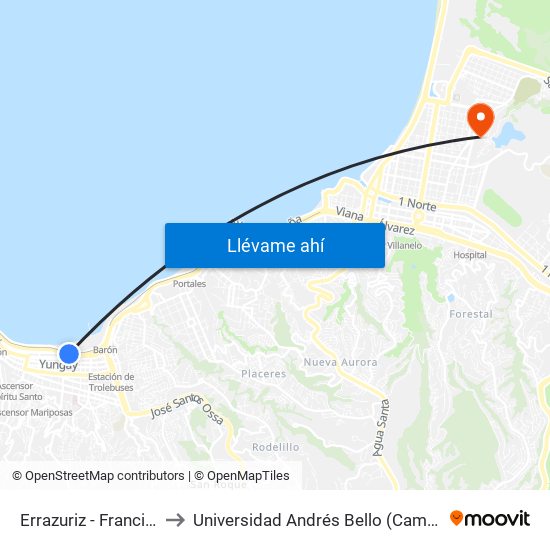 Errazuriz - Francia / Oriente to Universidad Andrés Bello (Campus Viña Del Mar) map