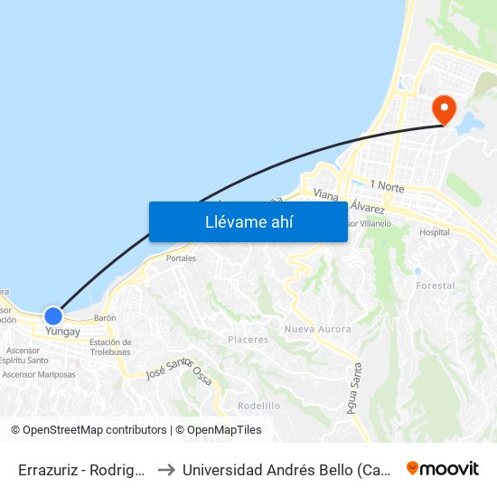 Errazuriz - Rodriguez / Oriente to Universidad Andrés Bello (Campus Viña Del Mar) map