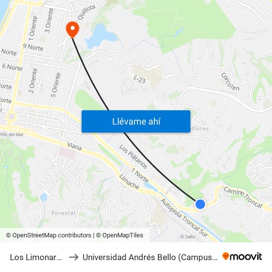 Los Limonares, 121 to Universidad Andrés Bello (Campus Viña Del Mar) map