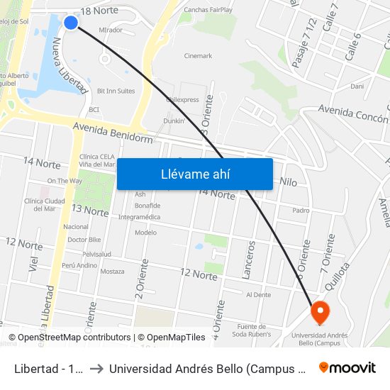 Libertad - 18 Nte to Universidad Andrés Bello (Campus Viña Del Mar) map