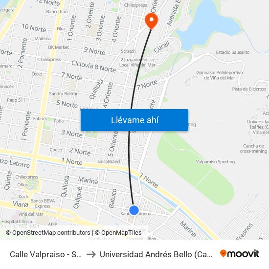 Calle Valpraiso - Simon Bolivar to Universidad Andrés Bello (Campus Viña Del Mar) map