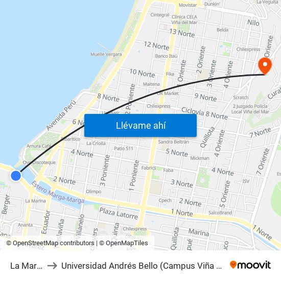 La Marina to Universidad Andrés Bello (Campus Viña Del Mar) map