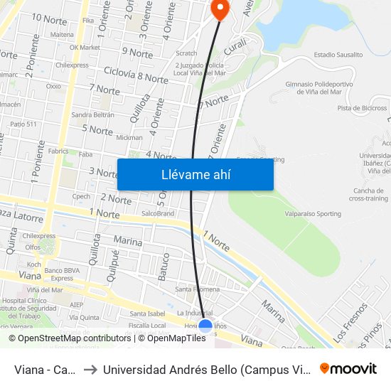 Viana - Cancha to Universidad Andrés Bello (Campus Viña Del Mar) map