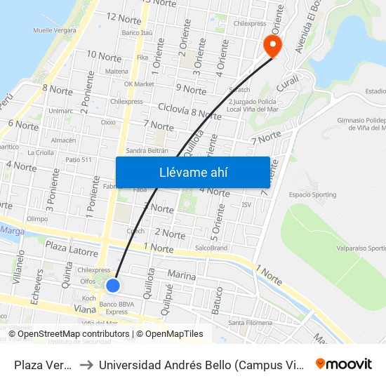 Plaza Vergara to Universidad Andrés Bello (Campus Viña Del Mar) map