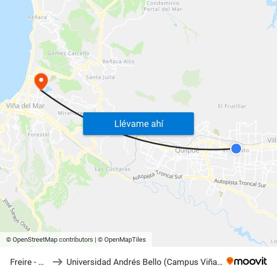 Freire - Peru to Universidad Andrés Bello (Campus Viña Del Mar) map