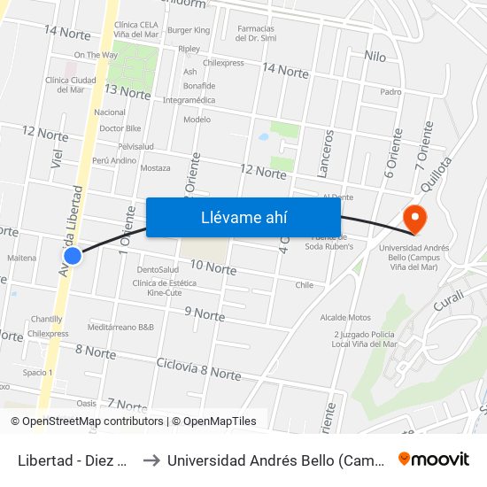 Libertad - Diez Norte / Sur to Universidad Andrés Bello (Campus Viña Del Mar) map