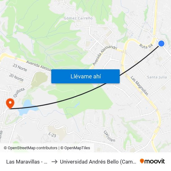 Las Maravillas - Rio Riñihue to Universidad Andrés Bello (Campus Viña Del Mar) map
