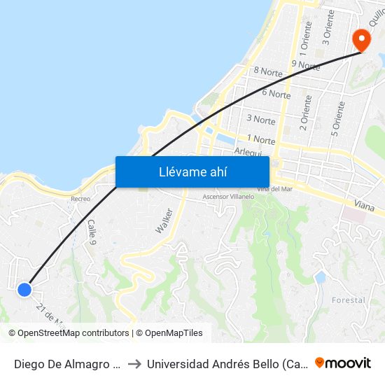 Diego De Almagro - Viña Del Mar to Universidad Andrés Bello (Campus Viña Del Mar) map