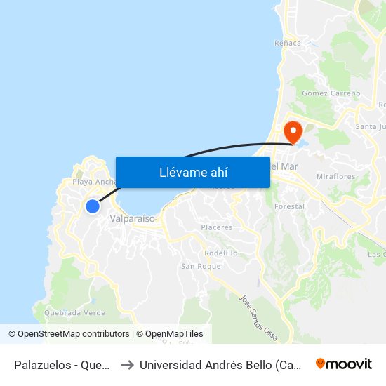 Palazuelos - Quebrada Verde to Universidad Andrés Bello (Campus Viña Del Mar) map