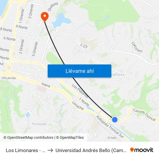 Los Limonares - Uno Norte to Universidad Andrés Bello (Campus Viña Del Mar) map