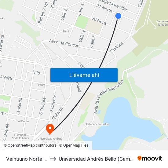 Veintiuno Norte - Calle Dos to Universidad Andrés Bello (Campus Viña Del Mar) map