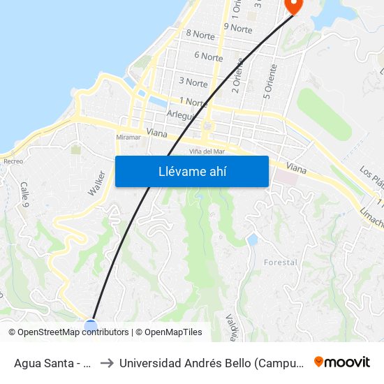 Agua Santa - Cantera to Universidad Andrés Bello (Campus Viña Del Mar) map