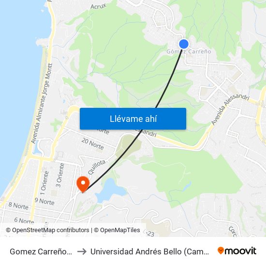 Gomez Carreño - Uno Sur to Universidad Andrés Bello (Campus Viña Del Mar) map