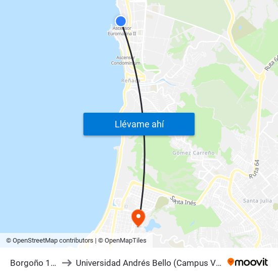 Borgoño 17400 to Universidad Andrés Bello (Campus Viña Del Mar) map