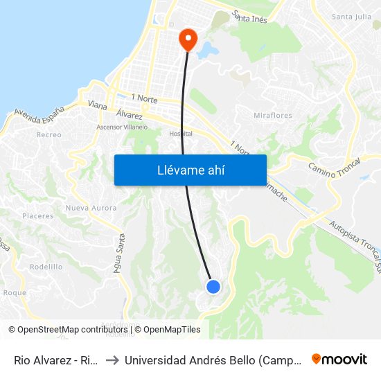 Rio Alvarez - Rio Blanco to Universidad Andrés Bello (Campus Viña Del Mar) map