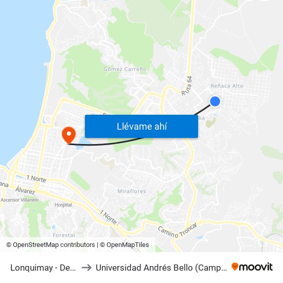 Lonquimay - De La Costa to Universidad Andrés Bello (Campus Viña Del Mar) map