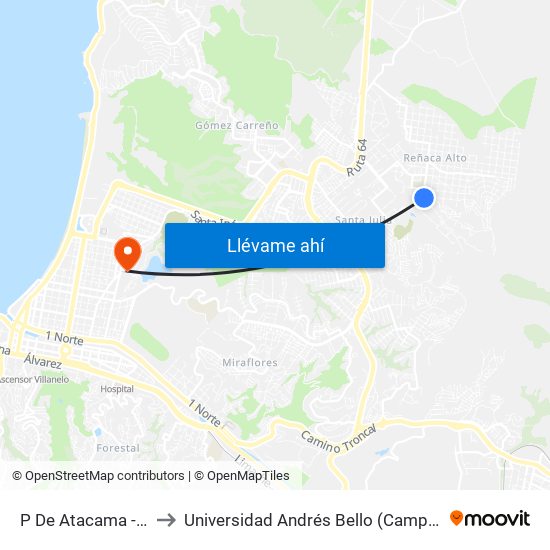 P De Atacama - Puyehue to Universidad Andrés Bello (Campus Viña Del Mar) map