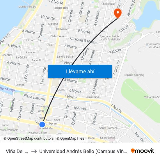 Viña Del Mar to Universidad Andrés Bello (Campus Viña Del Mar) map