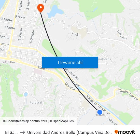 El Salto to Universidad Andrés Bello (Campus Viña Del Mar) map