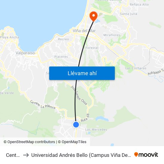Central to Universidad Andrés Bello (Campus Viña Del Mar) map