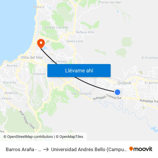 Barros Araña - Victoria to Universidad Andrés Bello (Campus Viña Del Mar) map