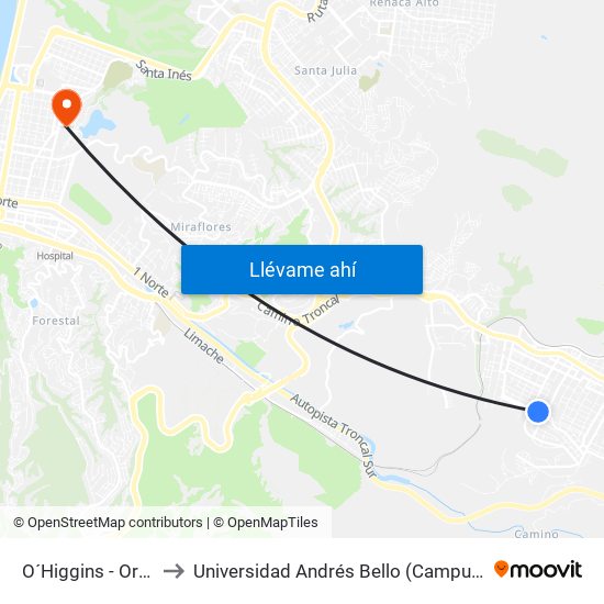 O´Higgins - Ortiz Vega to Universidad Andrés Bello (Campus Viña Del Mar) map