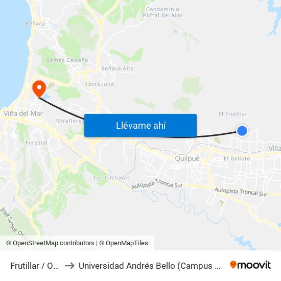 Frutillar / Oriente to Universidad Andrés Bello (Campus Viña Del Mar) map