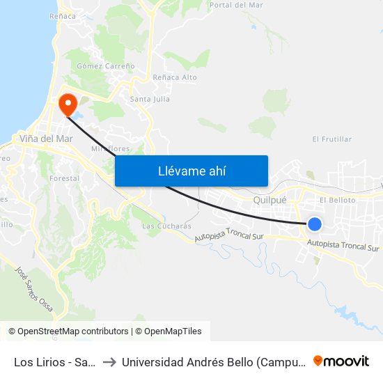 Los Lirios - San Pedro to Universidad Andrés Bello (Campus Viña Del Mar) map