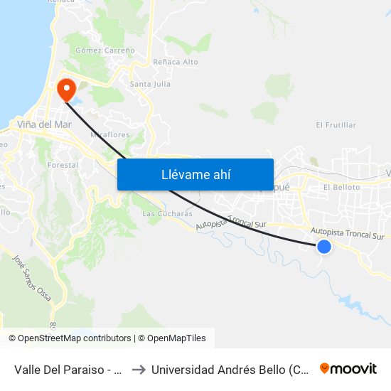 Valle Del Paraiso - Almirante Grau to Universidad Andrés Bello (Campus Viña Del Mar) map