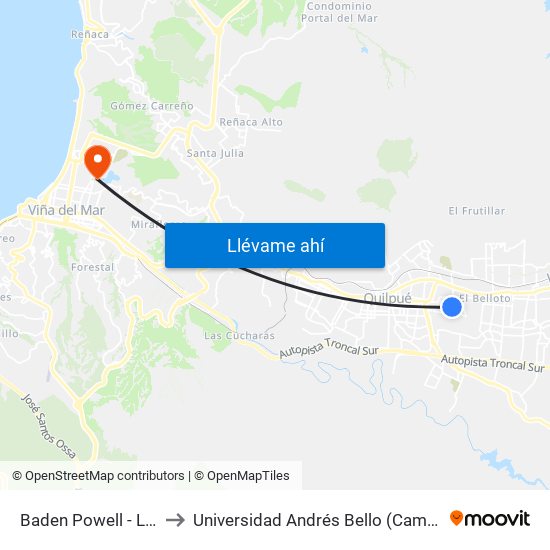 Baden Powell - Los Carrera to Universidad Andrés Bello (Campus Viña Del Mar) map