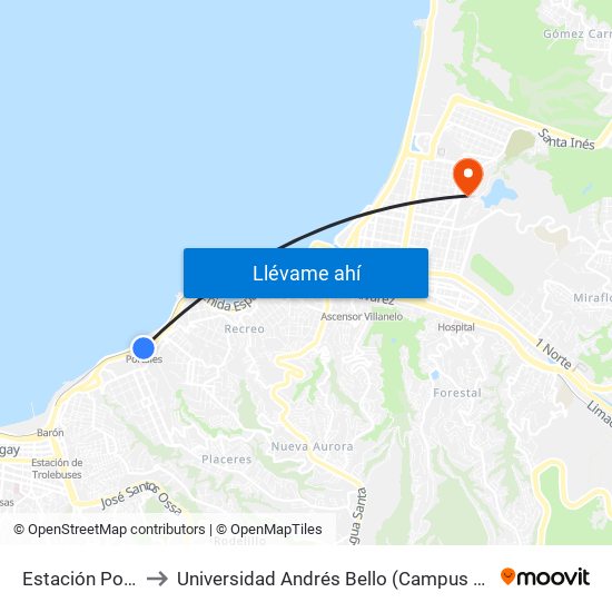 Estación Portales to Universidad Andrés Bello (Campus Viña Del Mar) map