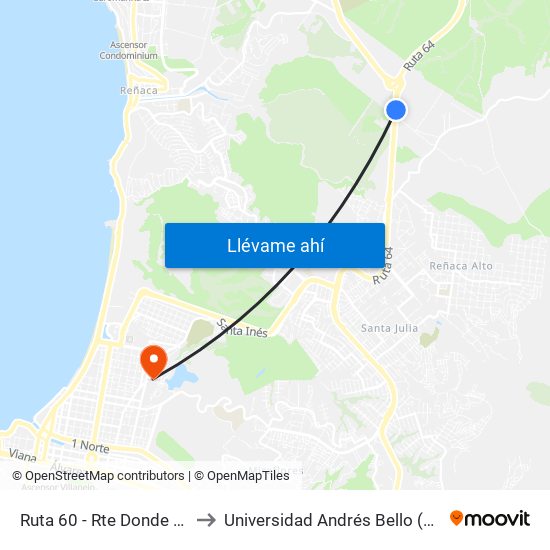 Ruta 60 - Rte Donde La Cuca / Oriente to Universidad Andrés Bello (Campus Viña Del Mar) map