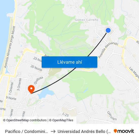 Pacifico / Condominio Mesa De Aragon to Universidad Andrés Bello (Campus Viña Del Mar) map