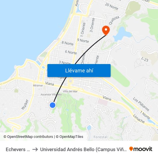 Echevers 789 to Universidad Andrés Bello (Campus Viña Del Mar) map