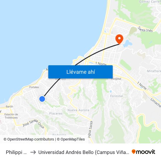 Philippi 681 to Universidad Andrés Bello (Campus Viña Del Mar) map