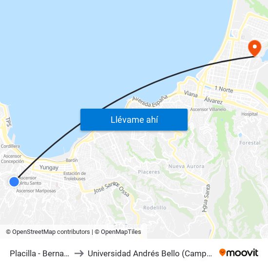 Placilla - Bernardo Vera to Universidad Andrés Bello (Campus Viña Del Mar) map