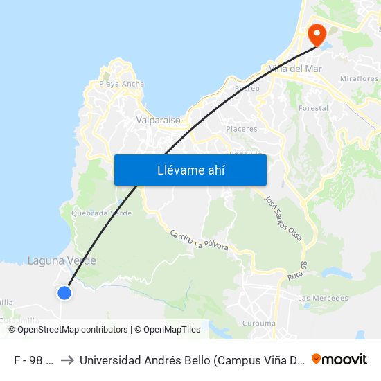 F - 98 - G to Universidad Andrés Bello (Campus Viña Del Mar) map