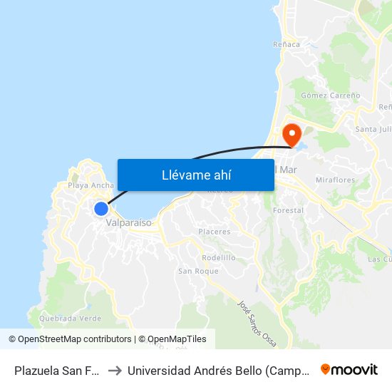 Plazuela San Francisco to Universidad Andrés Bello (Campus Viña Del Mar) map
