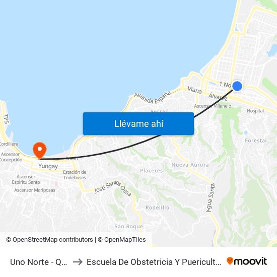 Uno Norte - Quillota to Escuela De Obstetricia Y Puericultura-U. De V. map