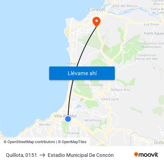 Quillota, 0151 to Estadio Municipal De Concón map