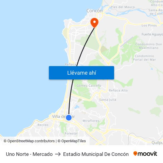 Uno Norte - Mercado to Estadio Municipal De Concón map