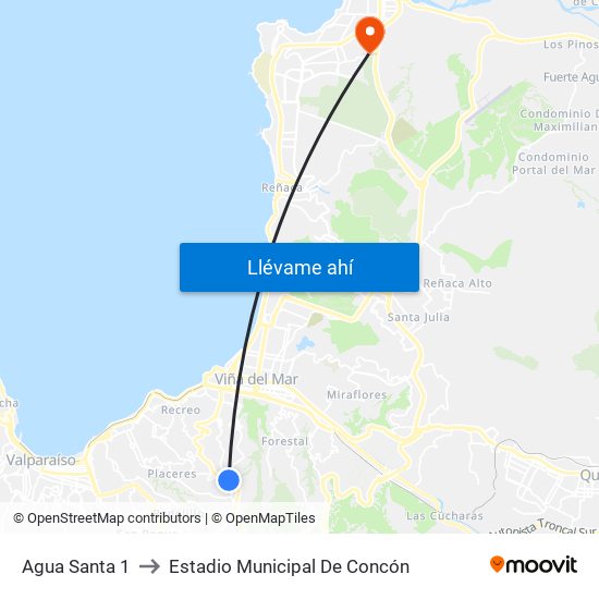 Agua Santa 1 to Estadio Municipal De Concón map